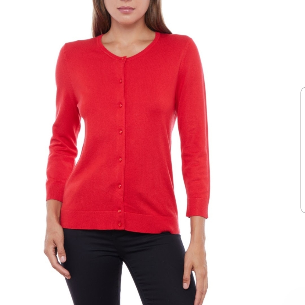 Spense Red Crewneck Button-Front Cardigan